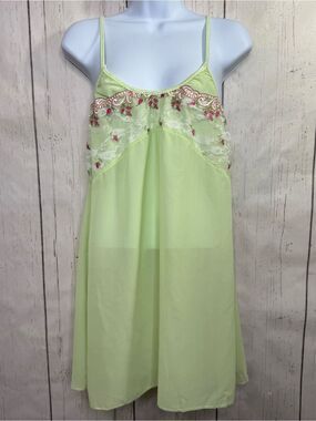 Vintage Lime Green Floral Lace Slip Dress L Coquette Fairycore Cottagecore Mini